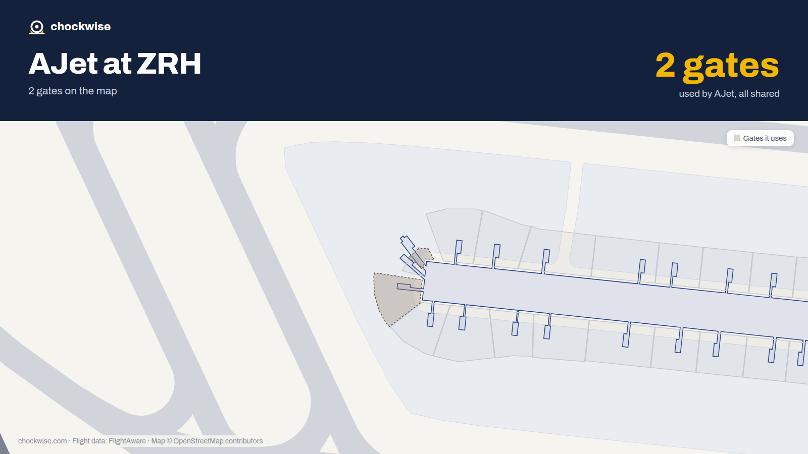 Map of ZRH with the gates AJet uses highlighted: E62 and E64.