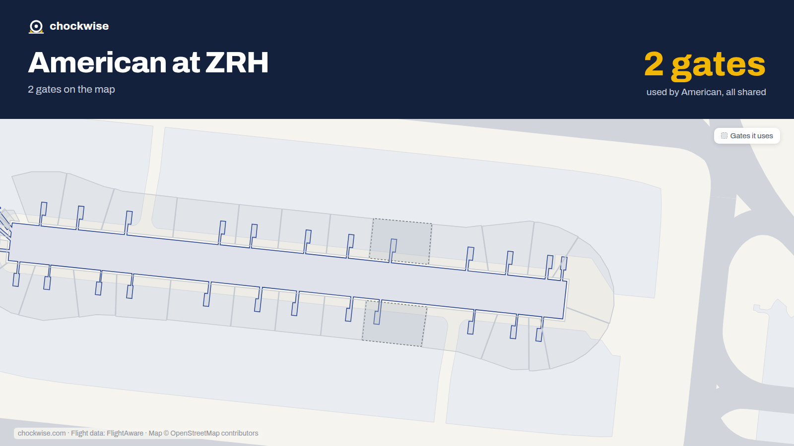Map of ZRH with the gates American Airlines uses highlighted: E34 and E35.