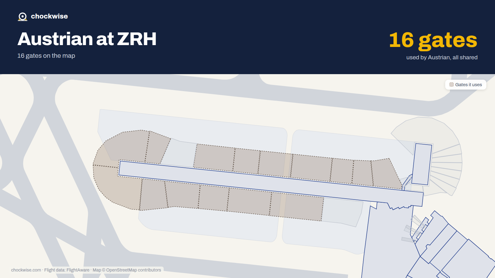 Map of ZRH with the gates Austrian Airlines uses highlighted: B33, A62, A63, A64, A66, A67, A71, A72 and 8 more.