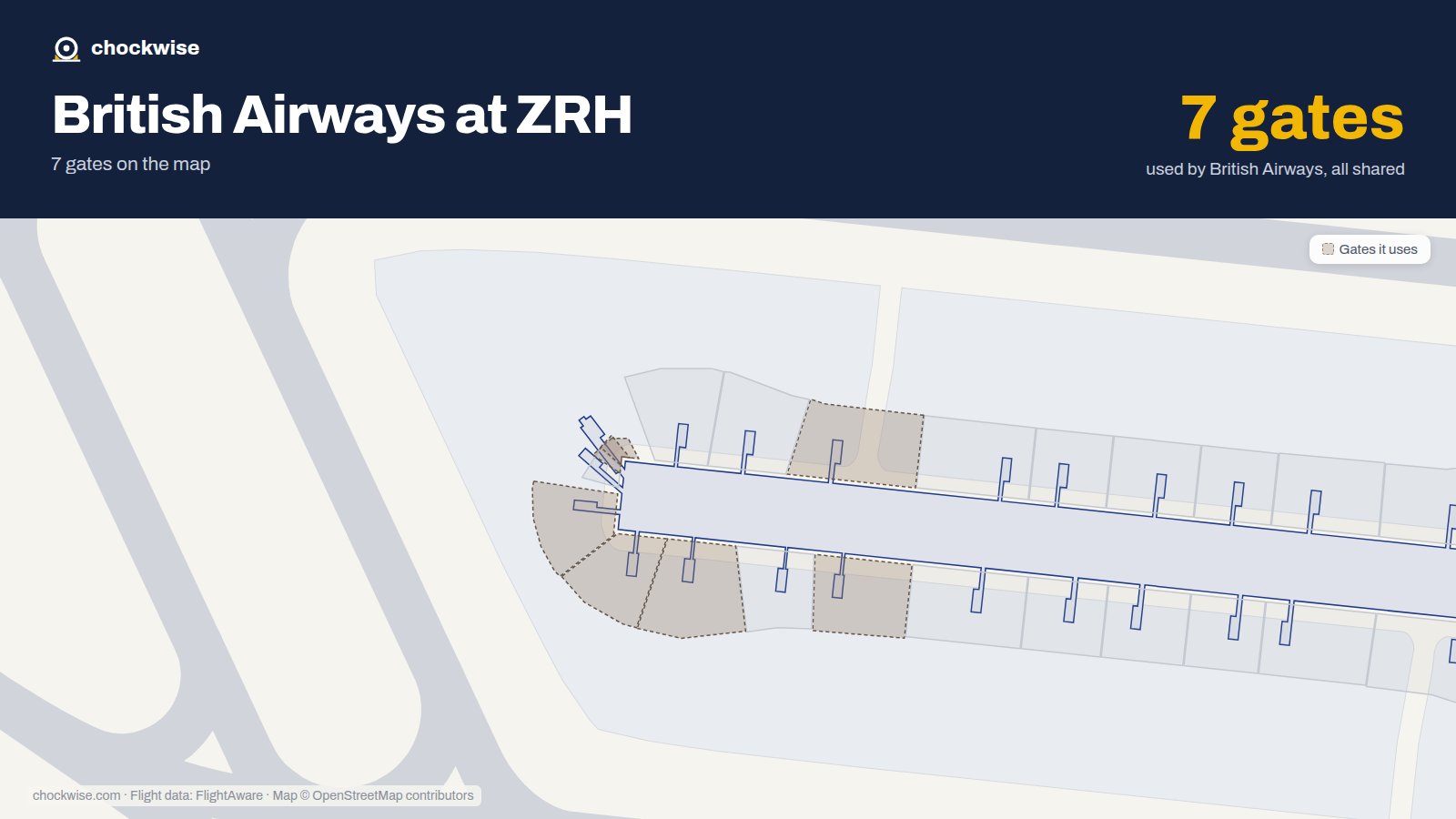 Map of ZRH with the gates British Airways uses highlighted: E52, E53, E56, E58, E62, E64 and E67.