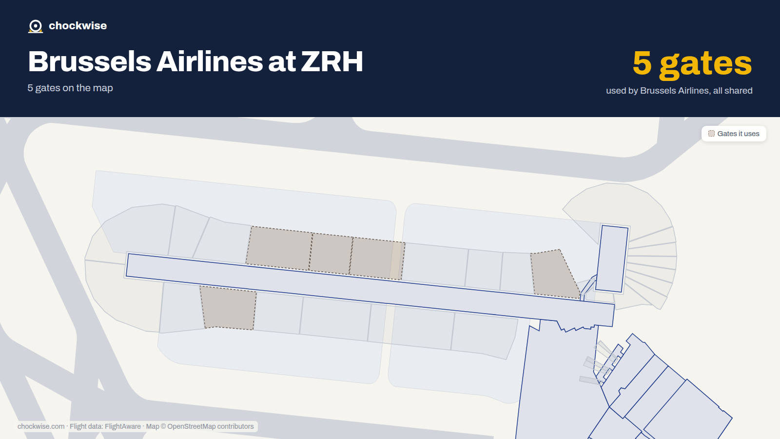 Map of ZRH with the gates Brussels Airlines uses highlighted: A62, A71, A72, A75 and A81.