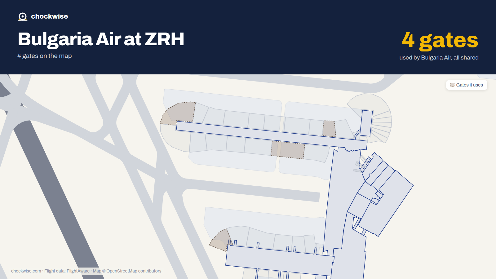 Map of ZRH with the gates Bulgaria Air uses highlighted: B43, A63, A67 and A85.