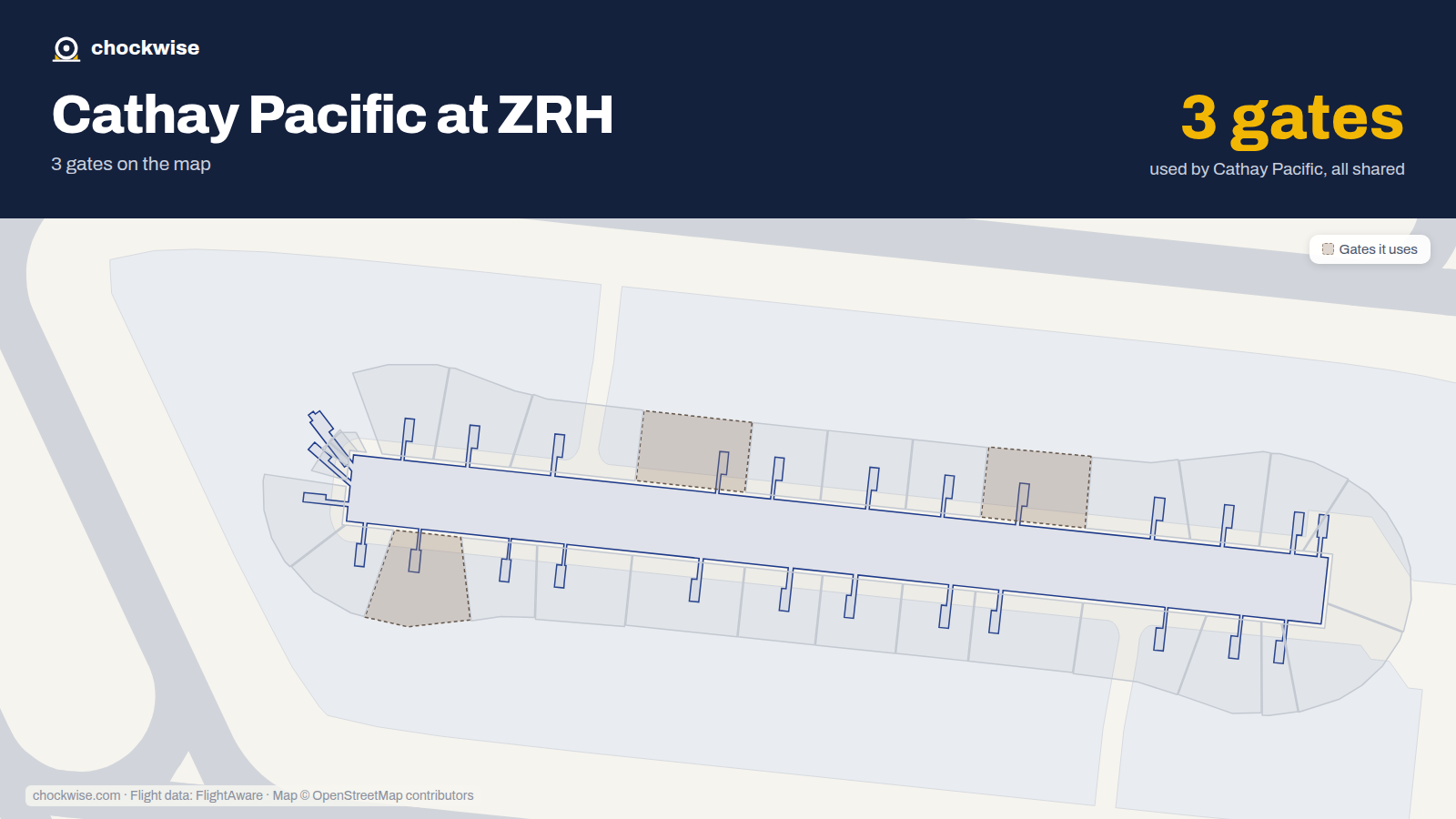 Map of ZRH with the gates Cathay Pacific uses highlighted: E35, E47 and E56.