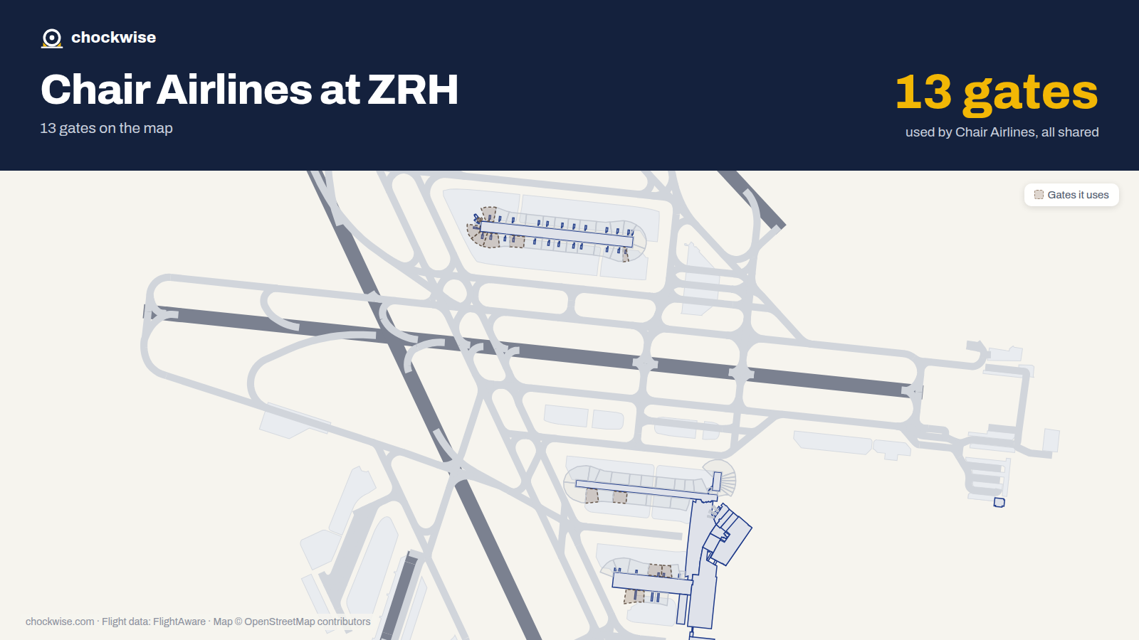 Map of ZRH with the gates Chair Airlines uses highlighted: E22, B33, B35, B38, E52, E56, E57, E58 and 5 more.