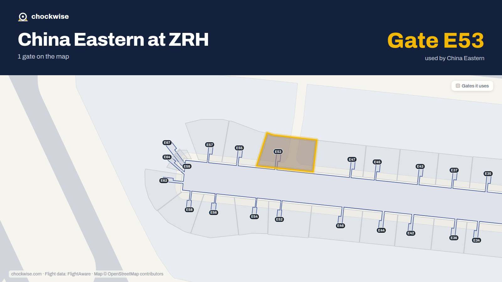 Map of ZRH with the gates China Eastern uses highlighted: E53.