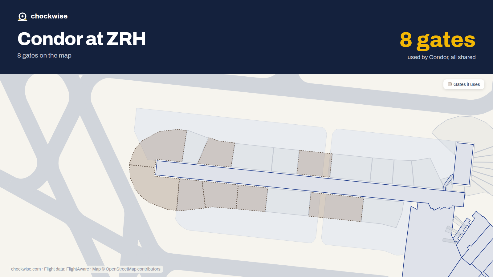 Map of ZRH with the gates Condor uses highlighted: B63, A67, A71, A74, A81, A82, A84, A85 and 1 more.
