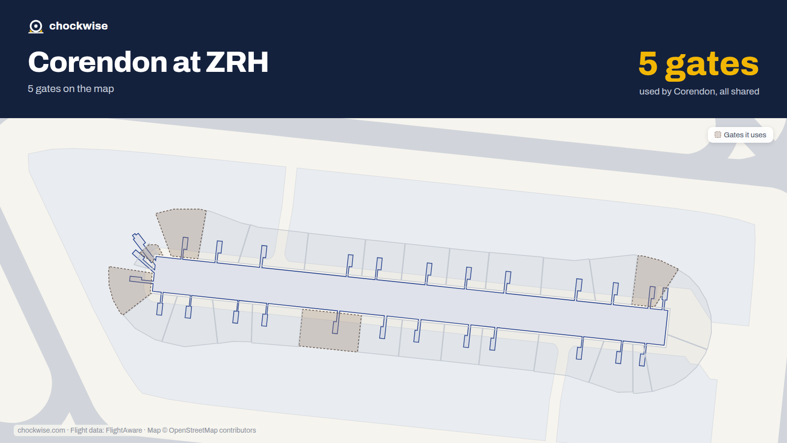 Map of ZRH with the gates Corendon Airlines uses highlighted: E23, E46, E57, E62 and E64.