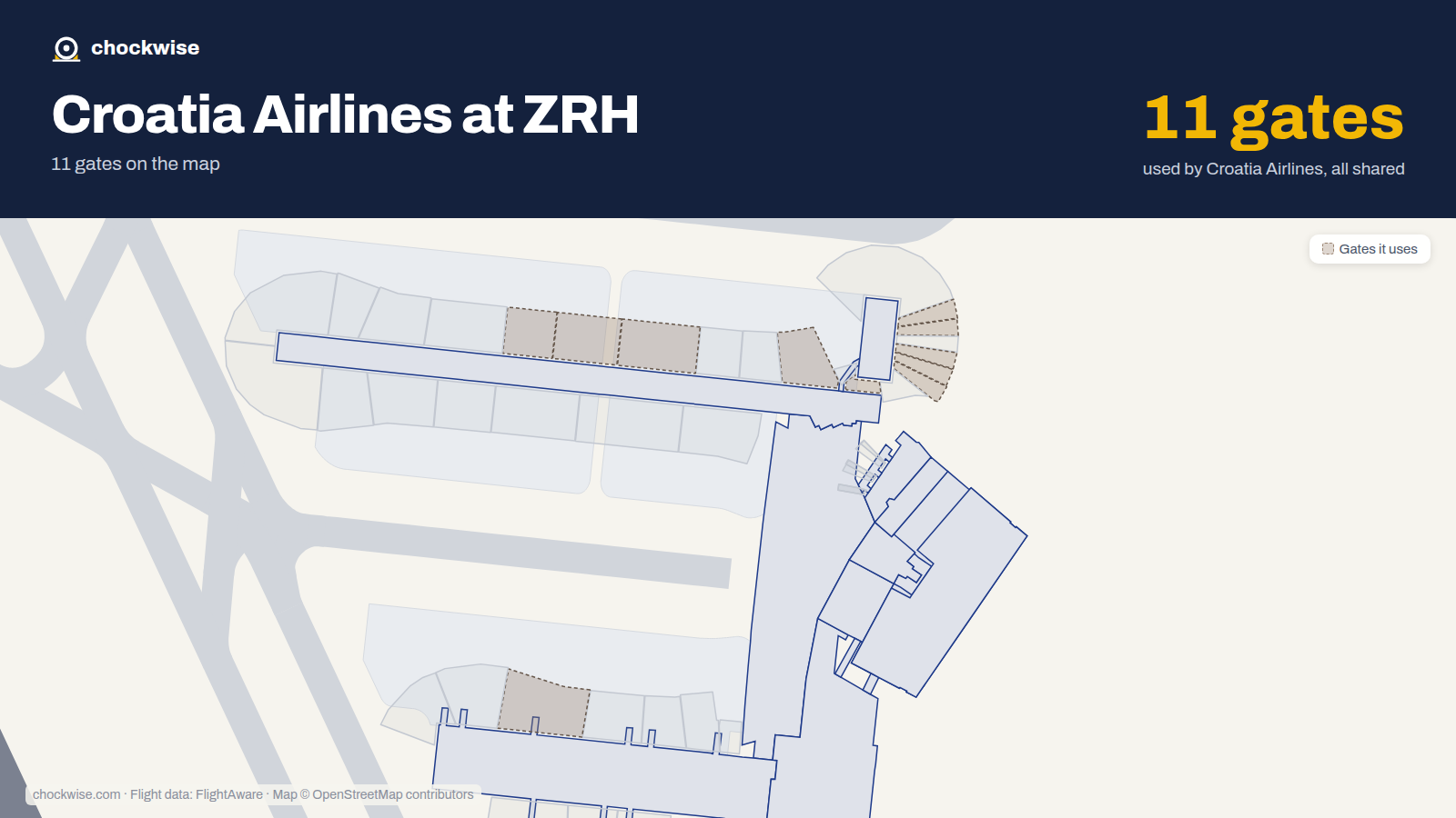 Map of ZRH with the gates Croatia Airlines uses highlighted: B39, A51, A52, A54, A55, A56, A58, A62 and 3 more.