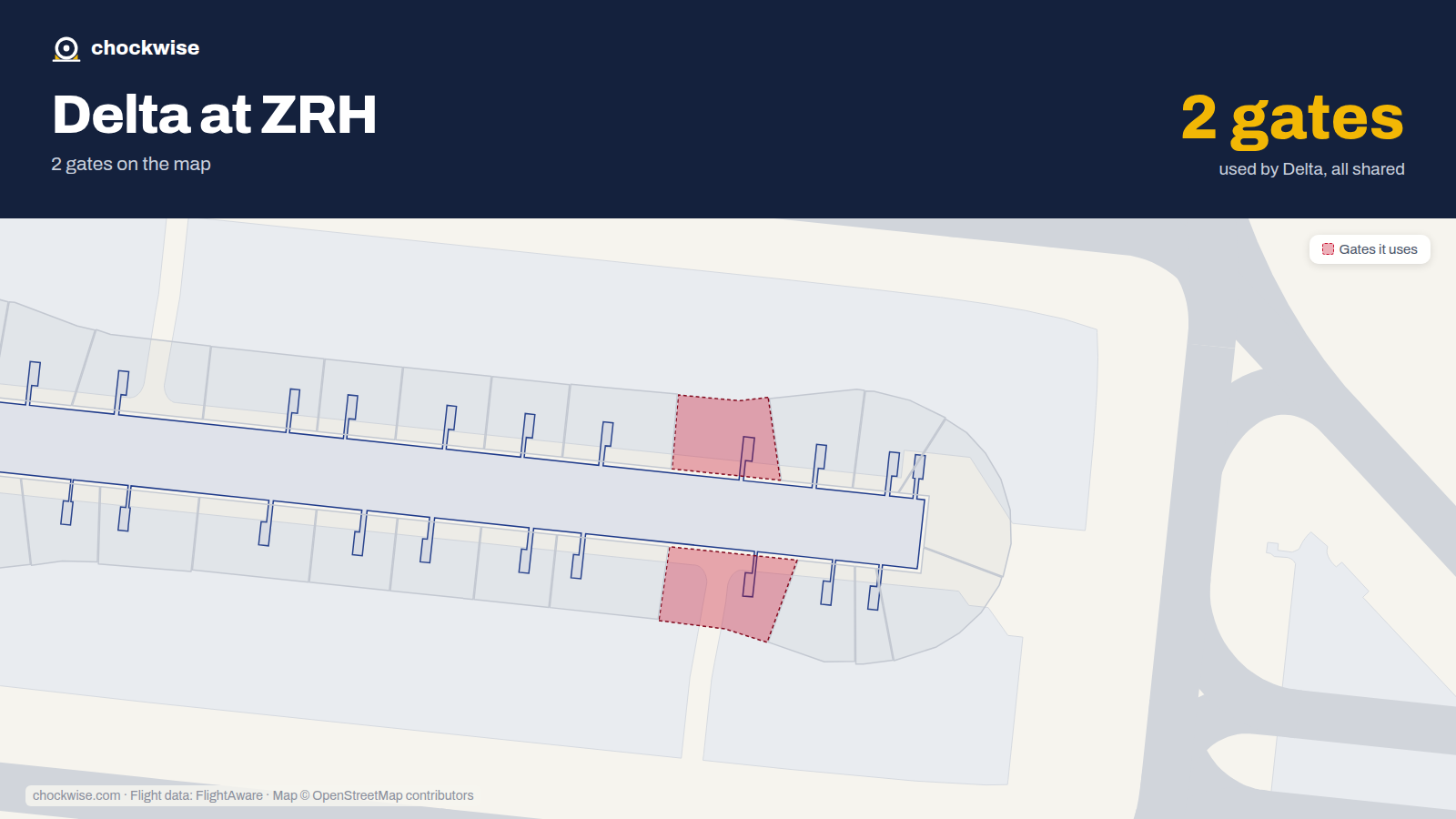 Map of ZRH with the gates Delta Air Lines uses highlighted: E26 and E27.