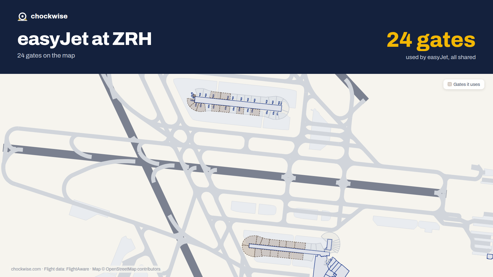Map of ZRH with the gates easyJet uses highlighted: E34, E42, E46, E47, E52, E53, E56, E58 and 16 more.