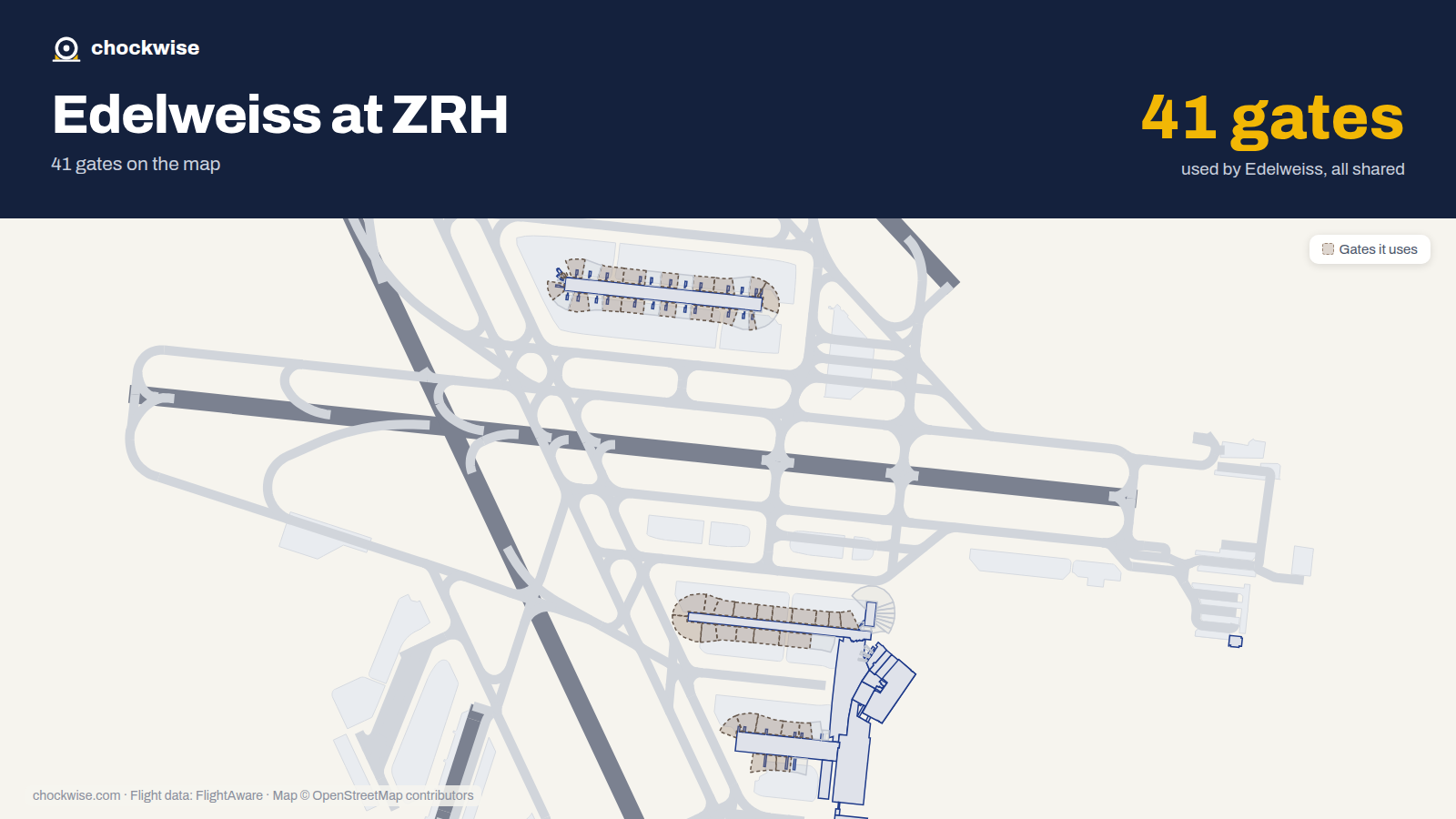 Map of ZRH with the gates Edelweiss Air uses highlighted: E19, E22, E23, E26, E27, B33, E34, B35 and 33 more.