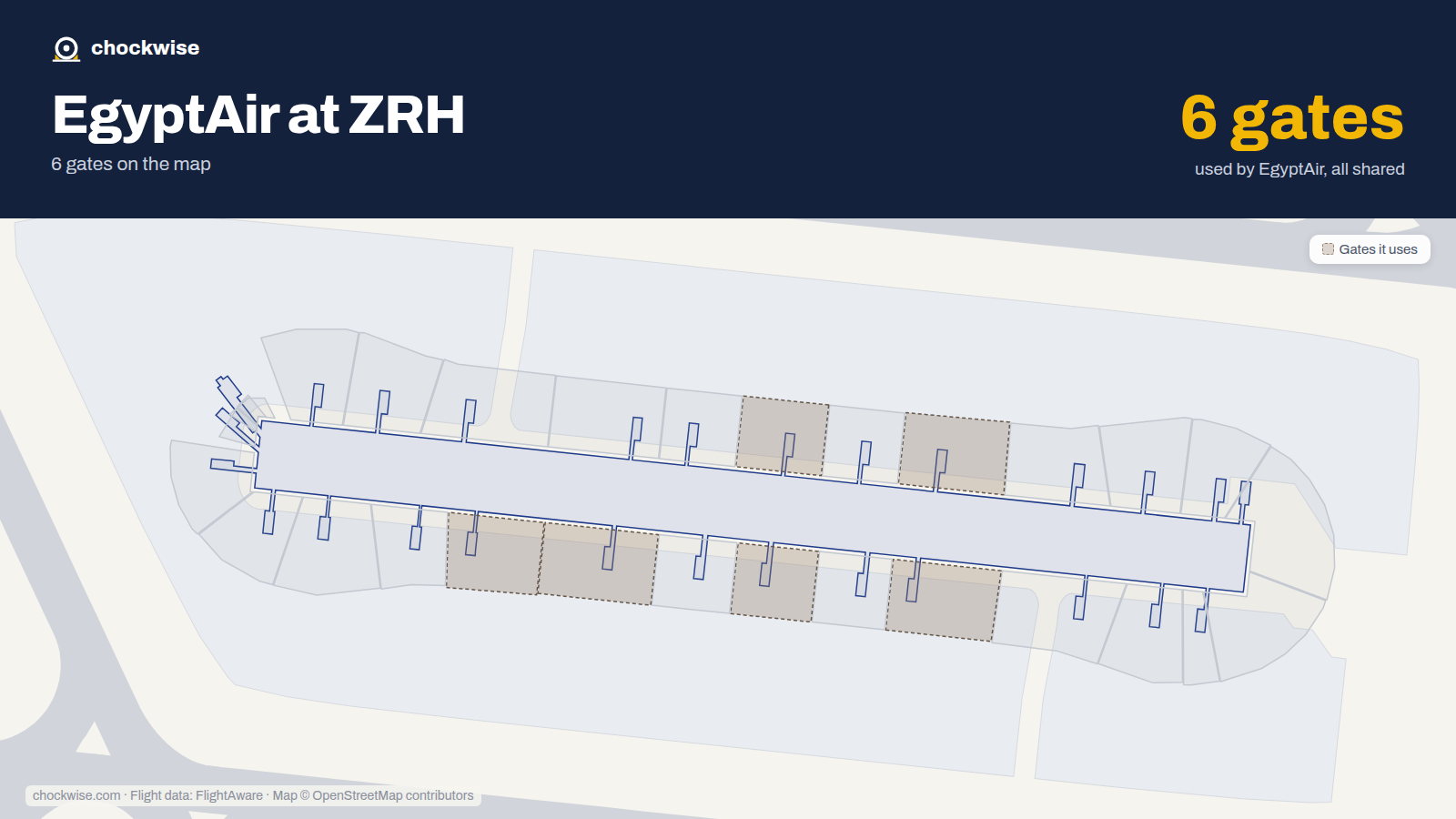 Map of ZRH with the gates EgyptAir uses highlighted: E34, E35, E42, E43, E46 and E52.