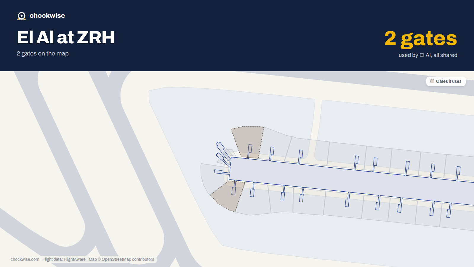 Map of ZRH with the gates El Al uses highlighted: E57 and E58.
