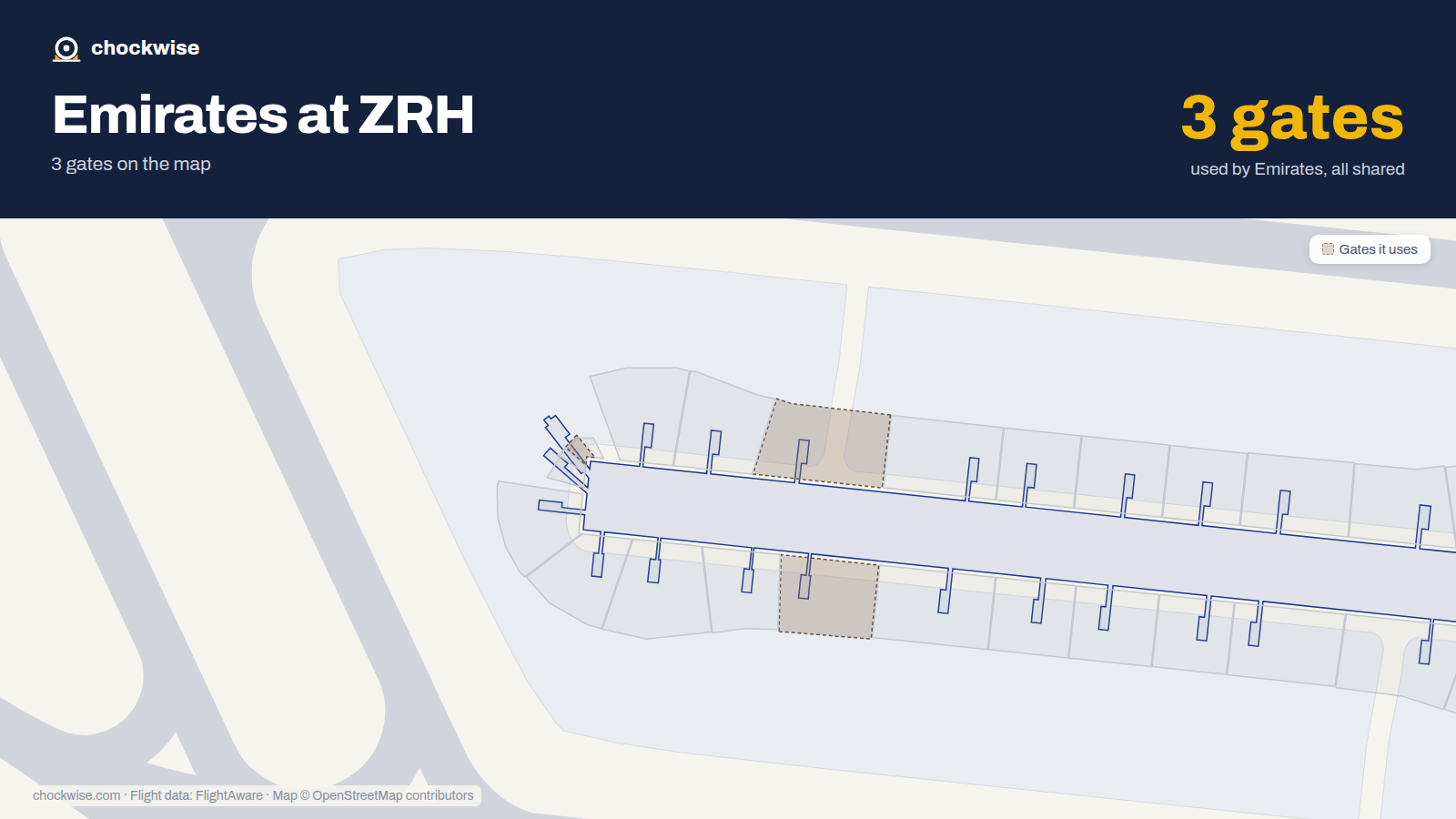 Map of ZRH with the gates Emirates uses highlighted: E52, E53 and E67.