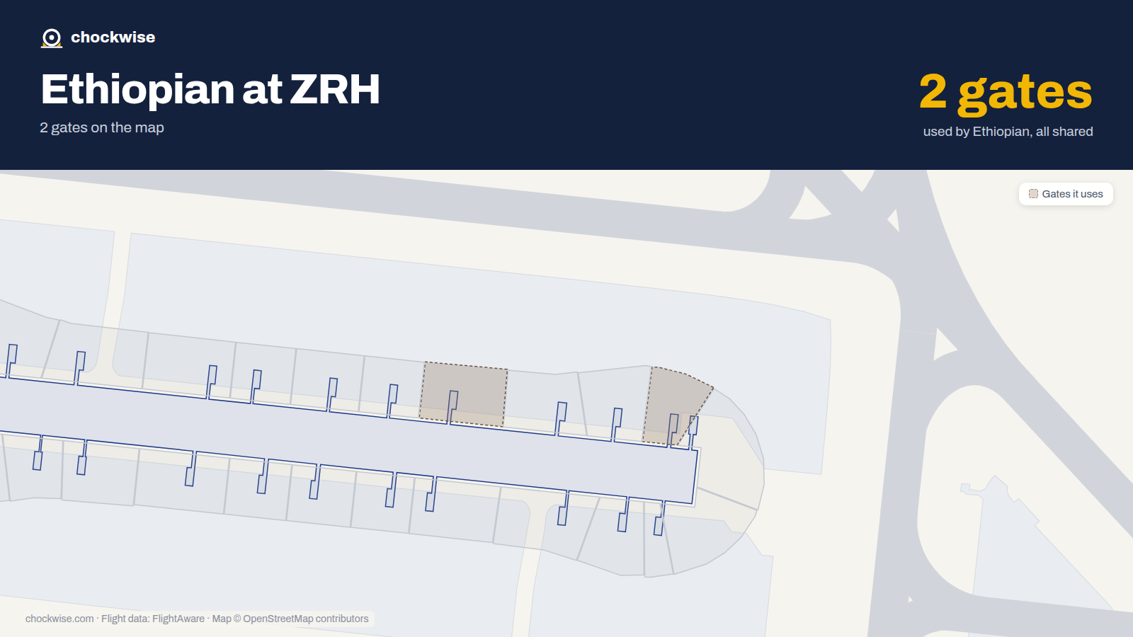 Map of ZRH with the gates Ethiopian Airlines uses highlighted: E23 and E35.