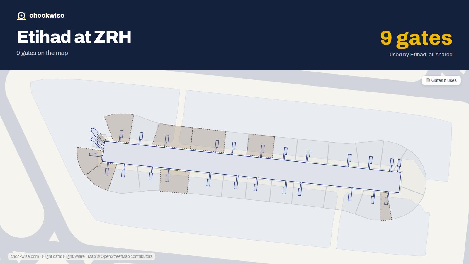 Map of ZRH with the gates Etihad Airways uses highlighted: E22, E43, E47, E52, E53, E57, E58, E62 and 1 more.