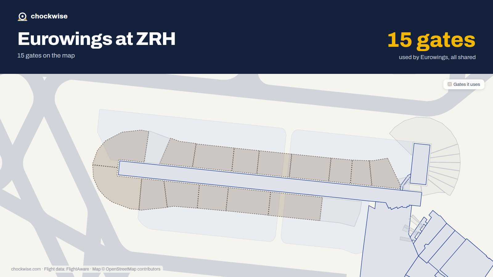 Map of ZRH with the gates Eurowings uses highlighted: A62, A63, A64, A66, A67, A71, A72, A73 and 7 more.