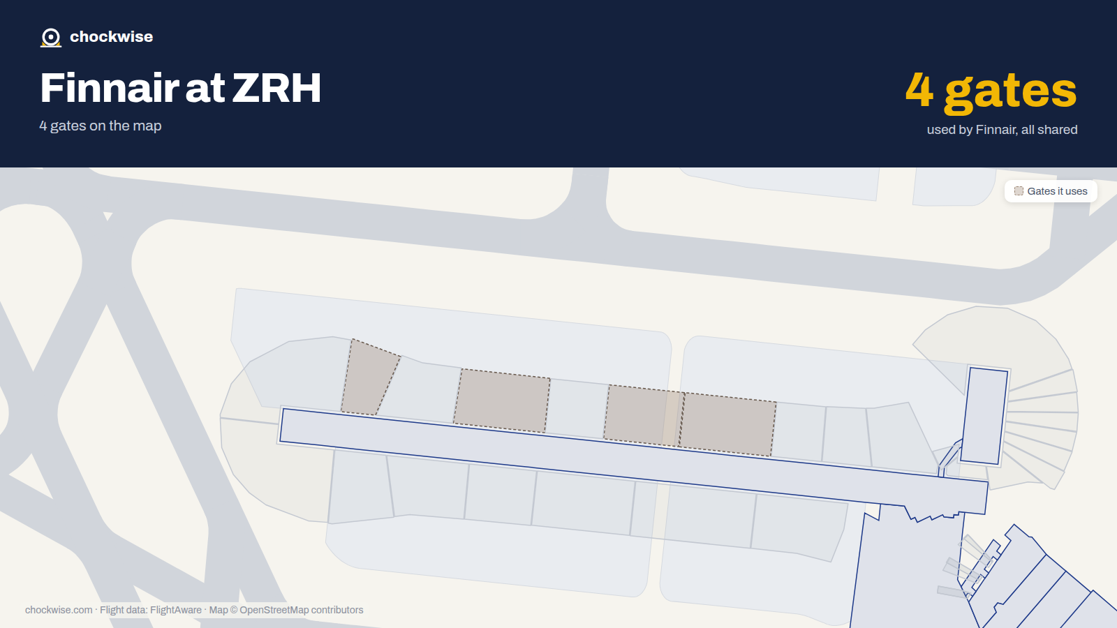 Map of ZRH with the gates Finnair uses highlighted: A66, A71, A75 and A83.