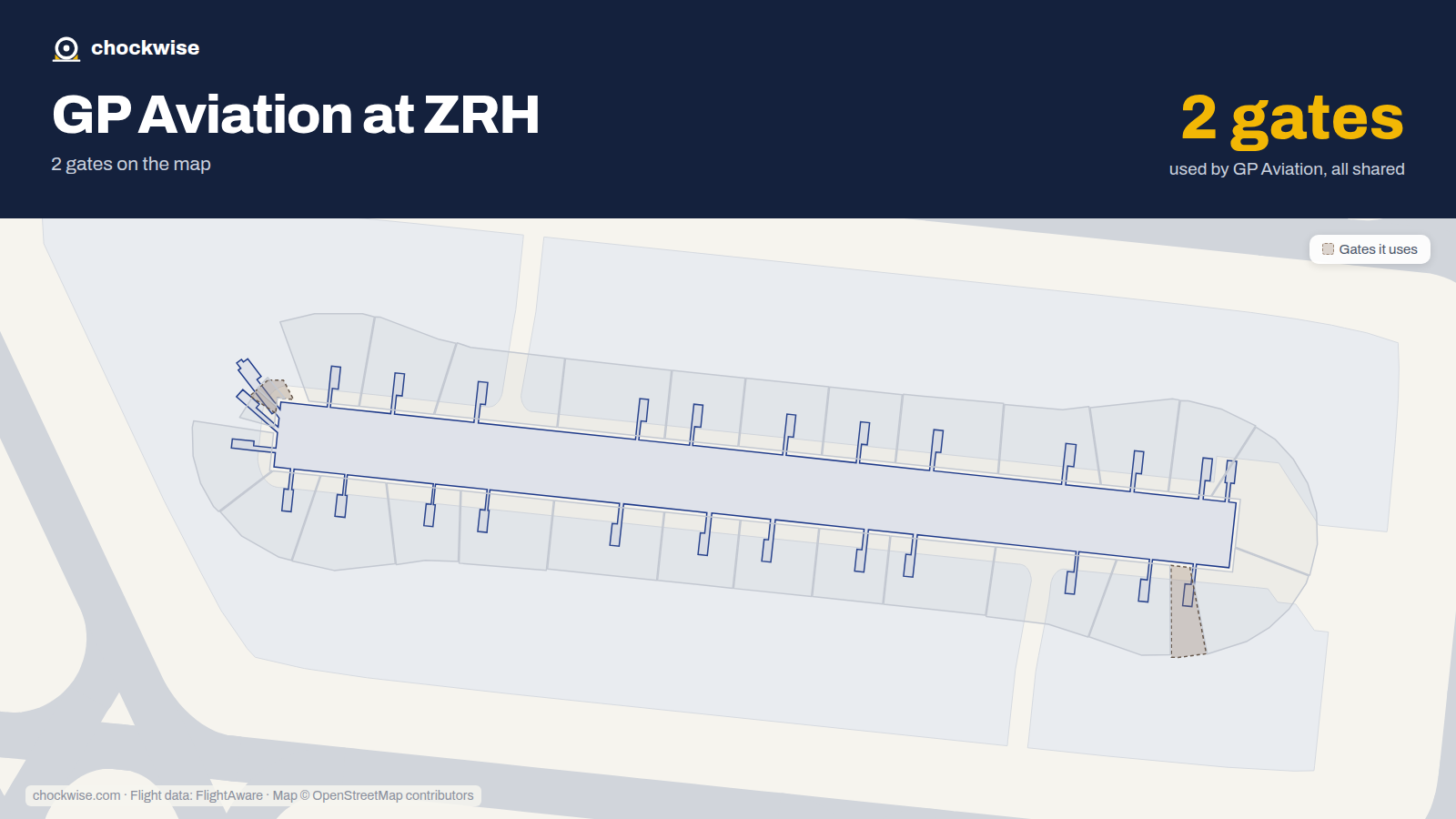 Map of ZRH with the gates GP Aviation uses highlighted: E22 and E64.