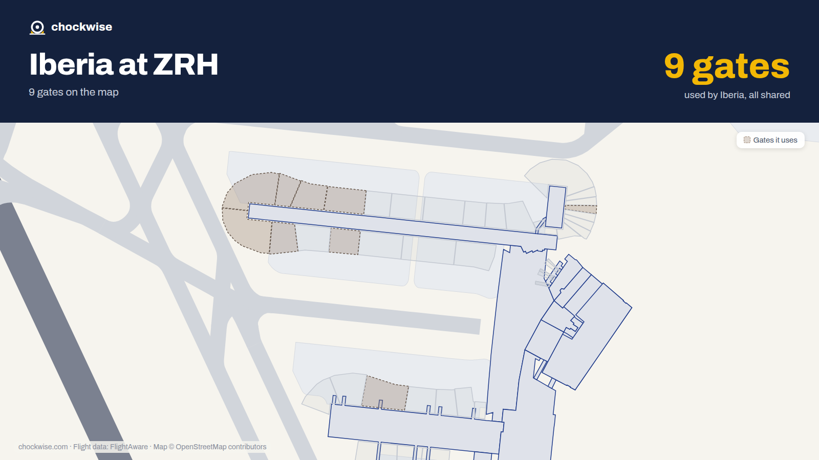Map of ZRH with the gates Iberia uses highlighted: B39, A53, A74, A75, A82, A83, A84, A85 and 1 more.