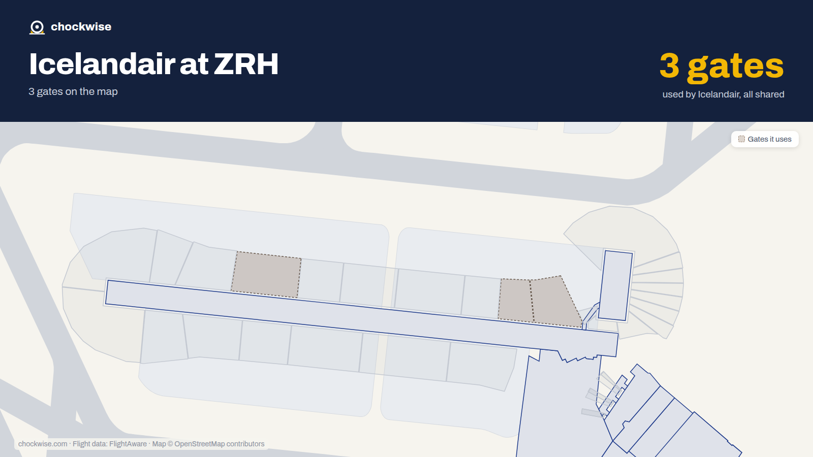 Map of ZRH with the gates Icelandair uses highlighted: A62, A63 and A75.