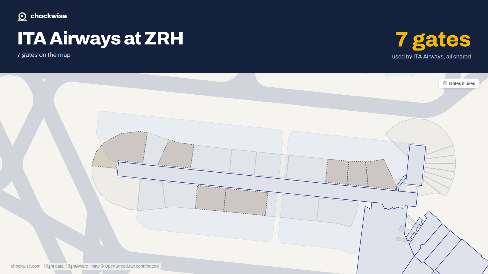 Map of ZRH with the gates ITA Airways uses highlighted: A62, A63, A64, A73, A74, A82 and A85.