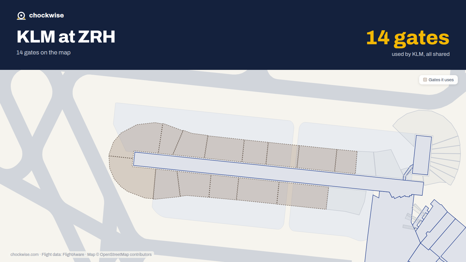 Map of ZRH with the gates KLM uses highlighted: A64, A66, A67, A71, A72, A73, A74, A75 and 6 more.