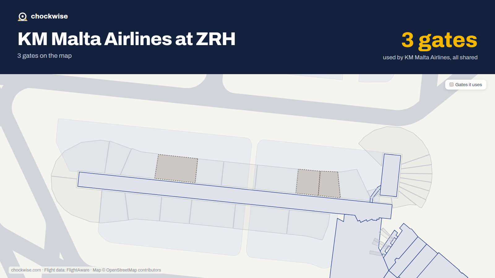 Map of ZRH with the gates KM Malta Airlines uses highlighted: A63, A64 and A75.