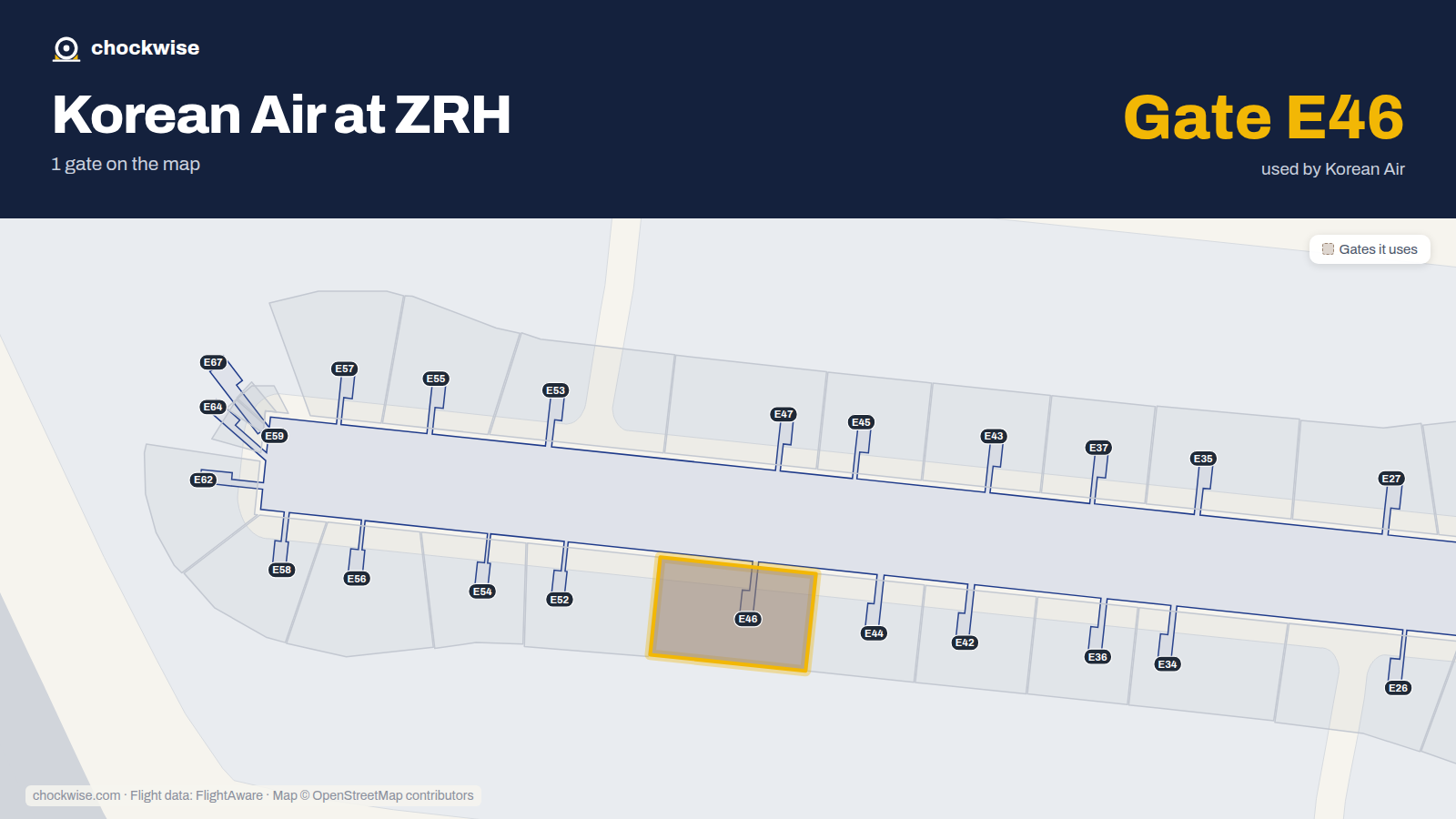 Map of ZRH with the gates Korean Air uses highlighted: E46.