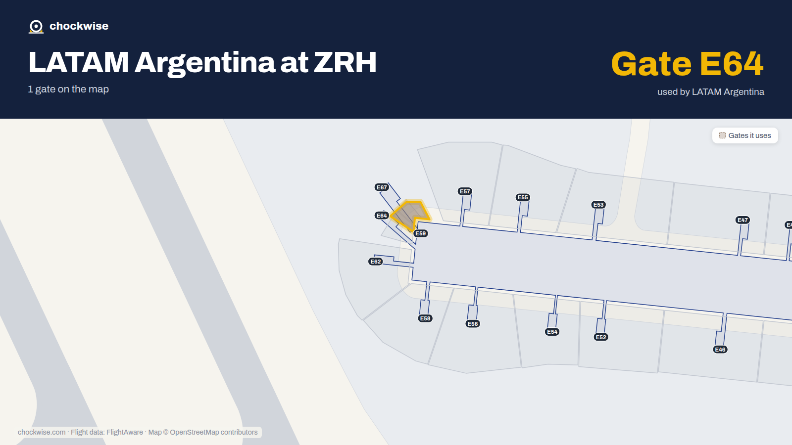 Map of ZRH with the gates LATAM Airlines Argentina uses highlighted: E64.