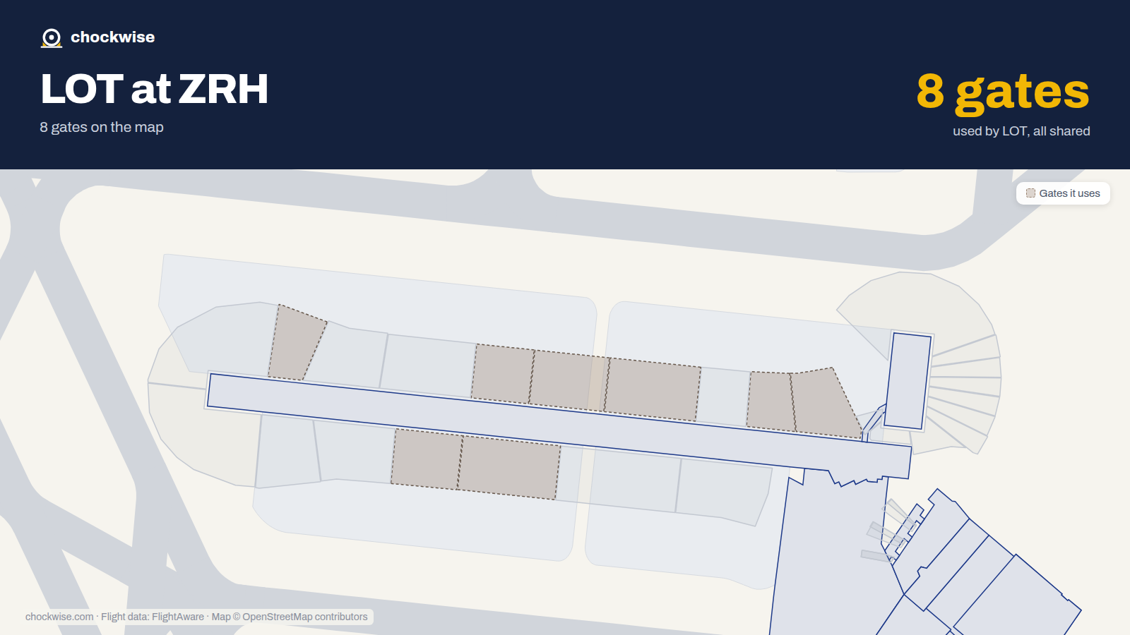 Map of ZRH with the gates LOT Polish Airlines uses highlighted: A62, A63, A66, A71, A72, A73, A74 and A83.
