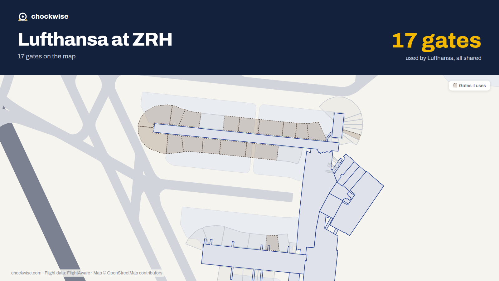 Map of ZRH with the gates Lufthansa uses highlighted: B33, A55, A62, A63, A64, A66, A67, A71 and 9 more.
