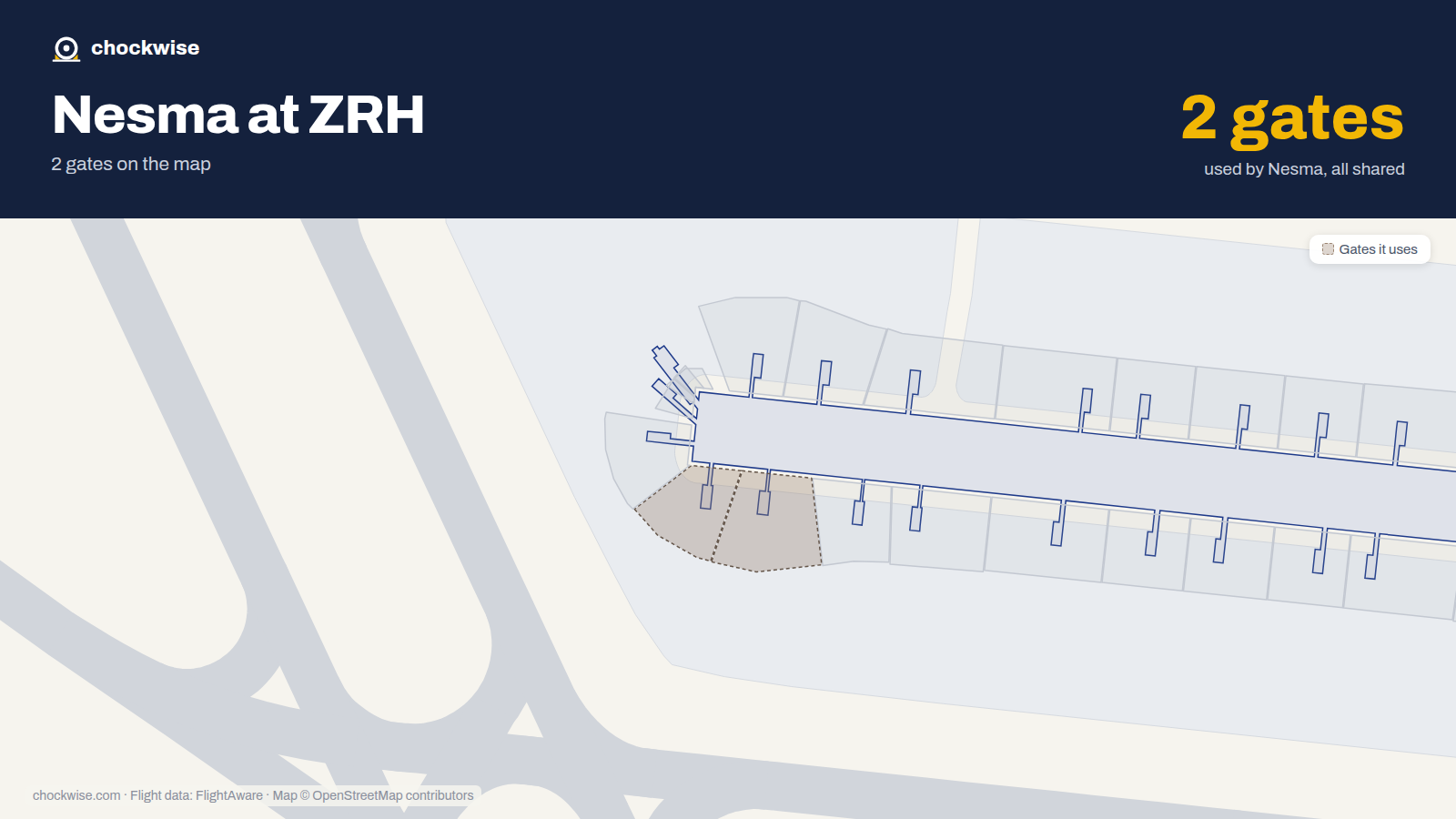Map of ZRH with the gates Nesma Airlines uses highlighted: E56 and E58.