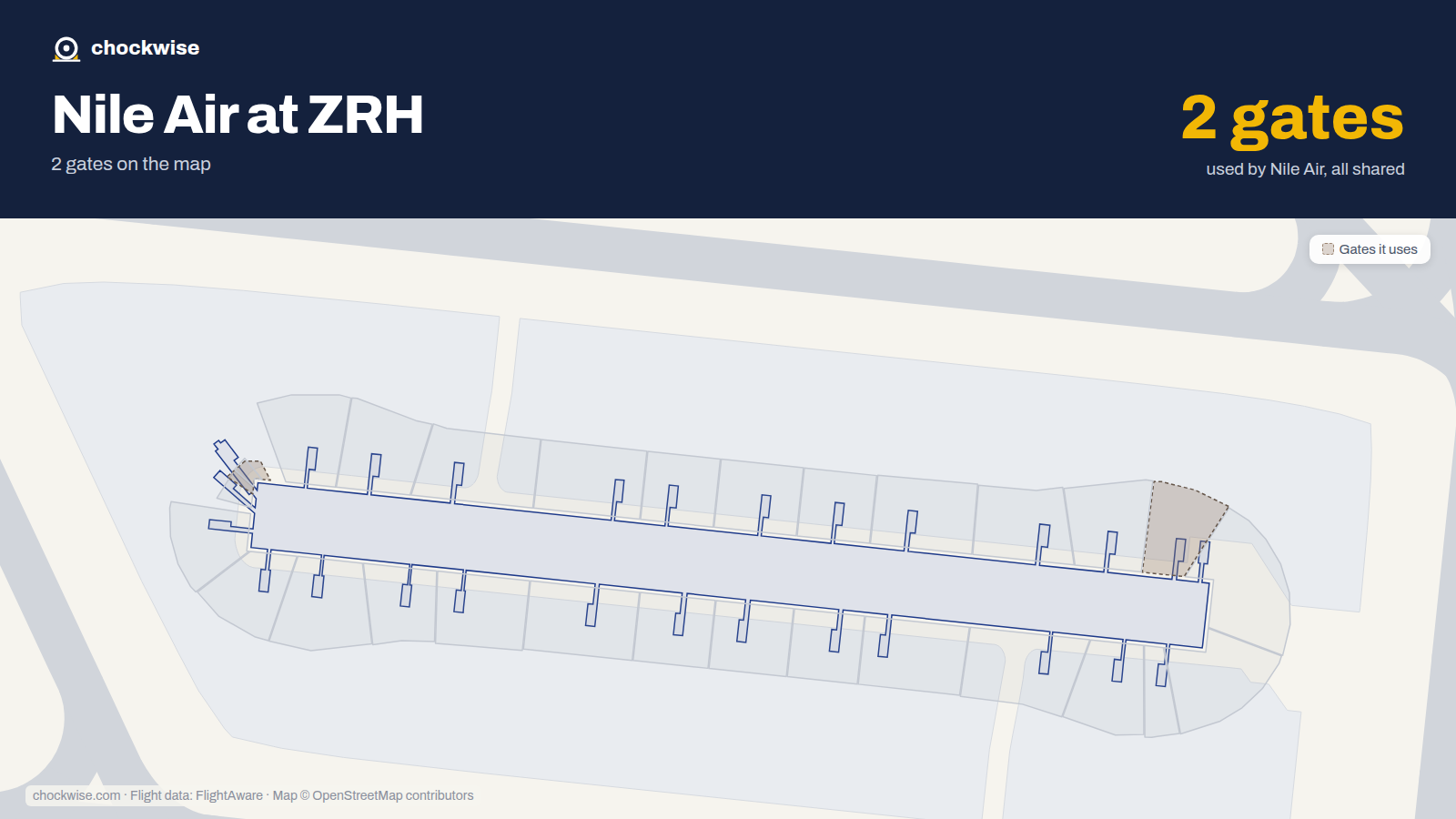 Map of ZRH with the gates Nile Air uses highlighted: E23 and E64.