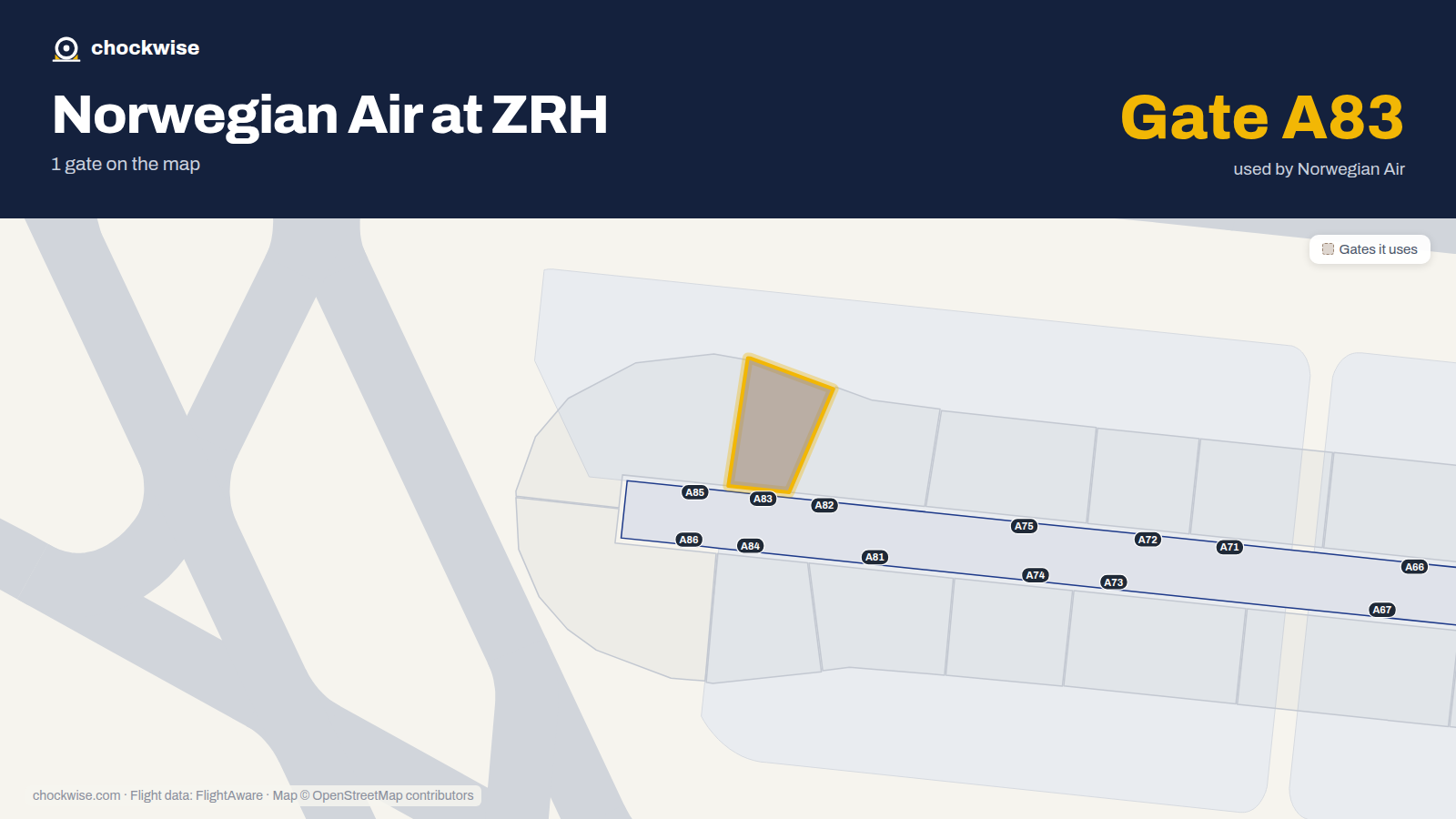 Map of ZRH with the gates Norwegian Air Shuttle uses highlighted: A83.