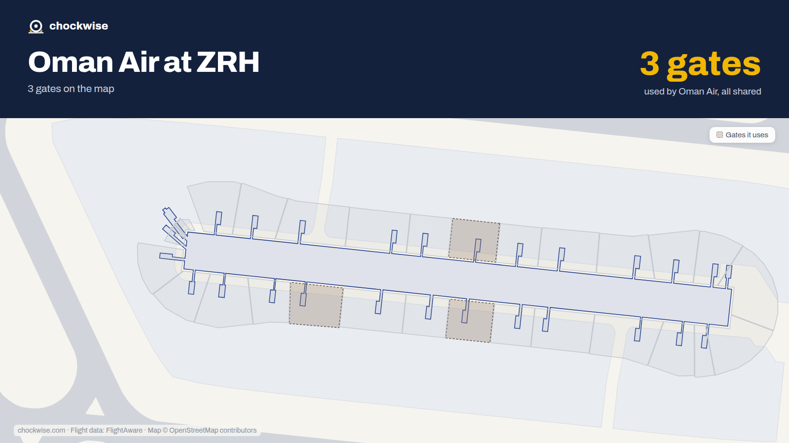 Map of ZRH with the gates Oman Air uses highlighted: E42, E43 and E52.