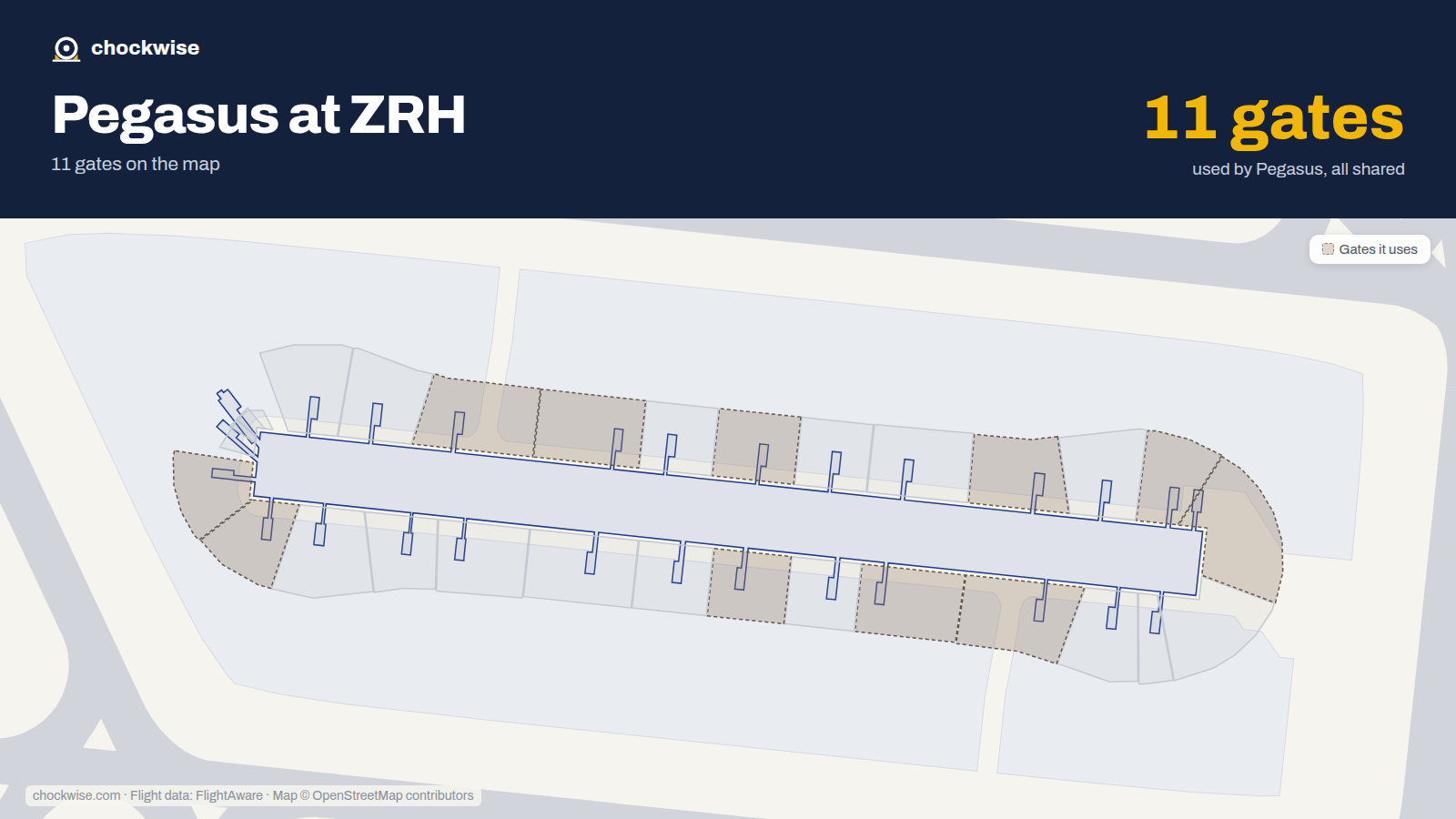 Map of ZRH with the gates Pegasus Airlines uses highlighted: E19, E23, E26, E27, E34, E42, E43, E47 and 3 more.