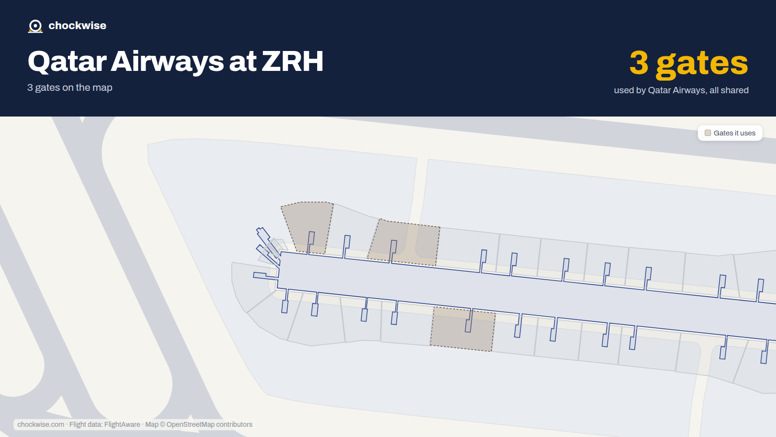 Map of ZRH with the gates Qatar Airways uses highlighted: E46, E53 and E57.