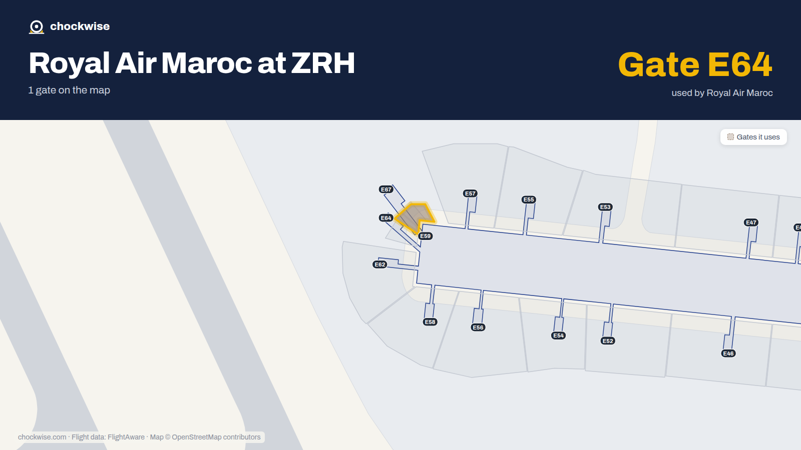 Map of ZRH with the gates Royal Air Maroc uses highlighted: E64.