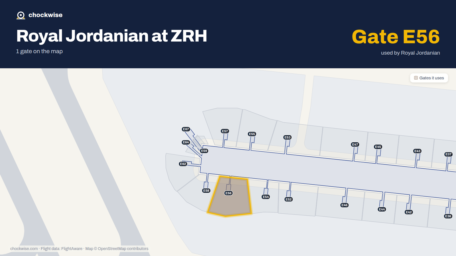 Map of ZRH with the gates Royal Jordanian uses highlighted: E56.