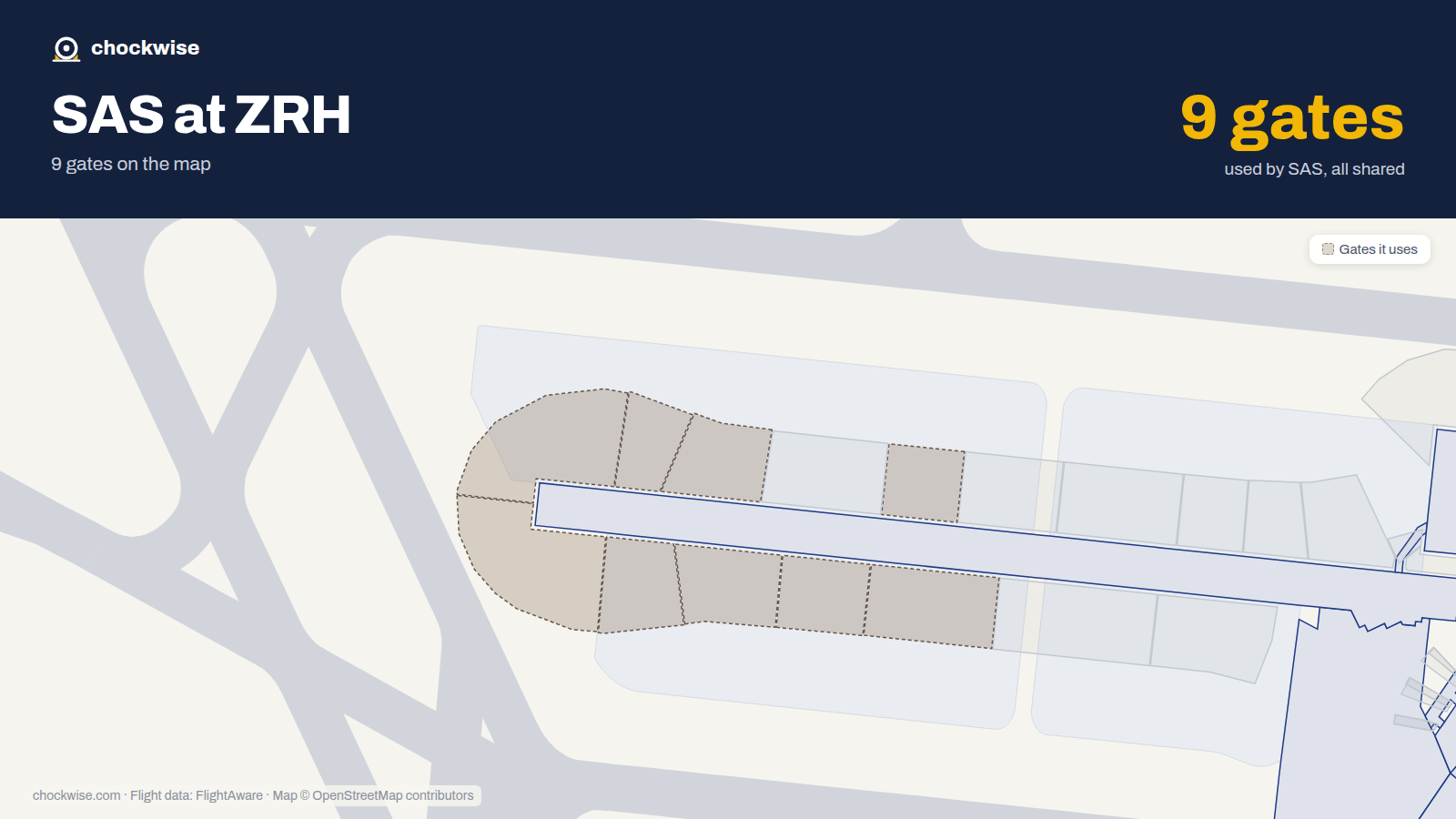 Map of ZRH with the gates SAS Scandinavian Airlines uses highlighted: A72, A73, A74, A81, A82, A83, A84, A85 and 1 more.