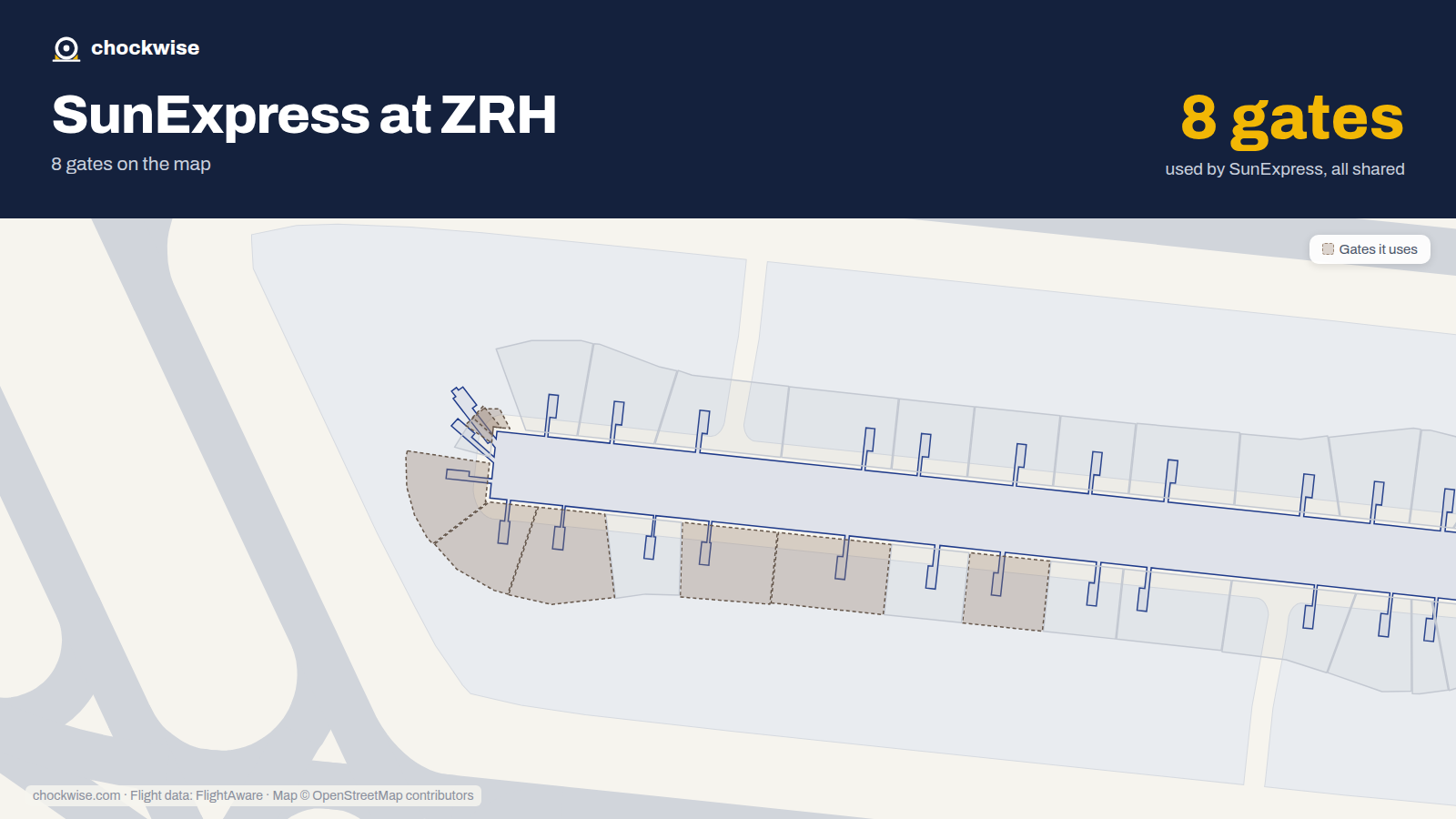 Map of ZRH with the gates SunExpress uses highlighted: E42, E46, E52, E56, E58, E62, E64 and E67.
