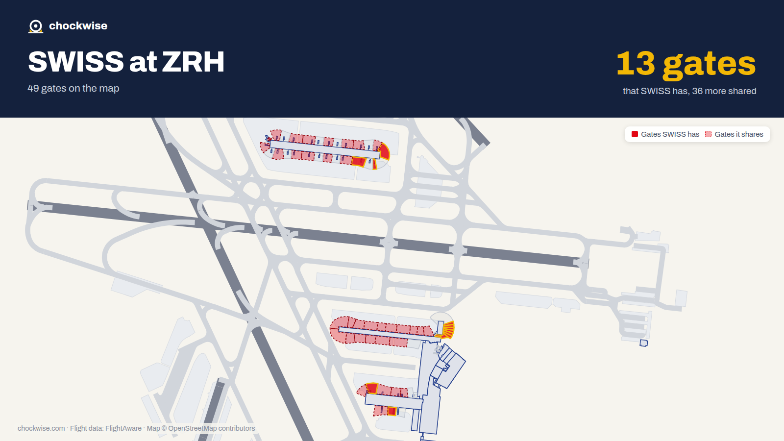 Map of ZRH with the gates SWISS uses highlighted: E19, E22, E26, B36, B41, A51, A52, A53 and 5 more.