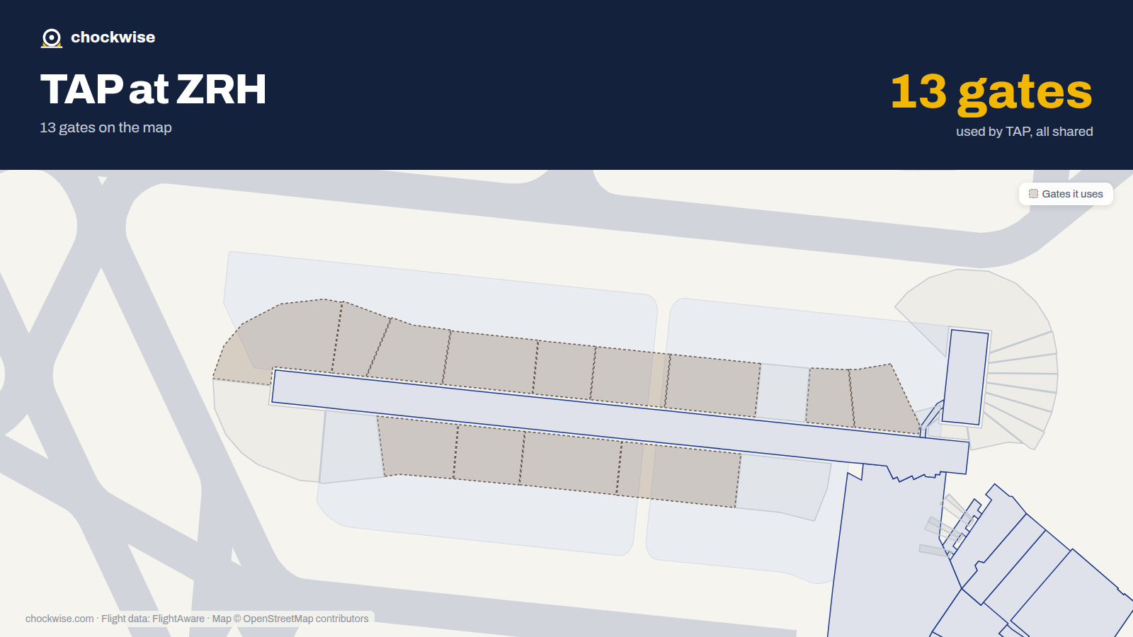Map of ZRH with the gates TAP Air Portugal uses highlighted: A62, A63, A66, A67, A71, A72, A73, A74 and 5 more.