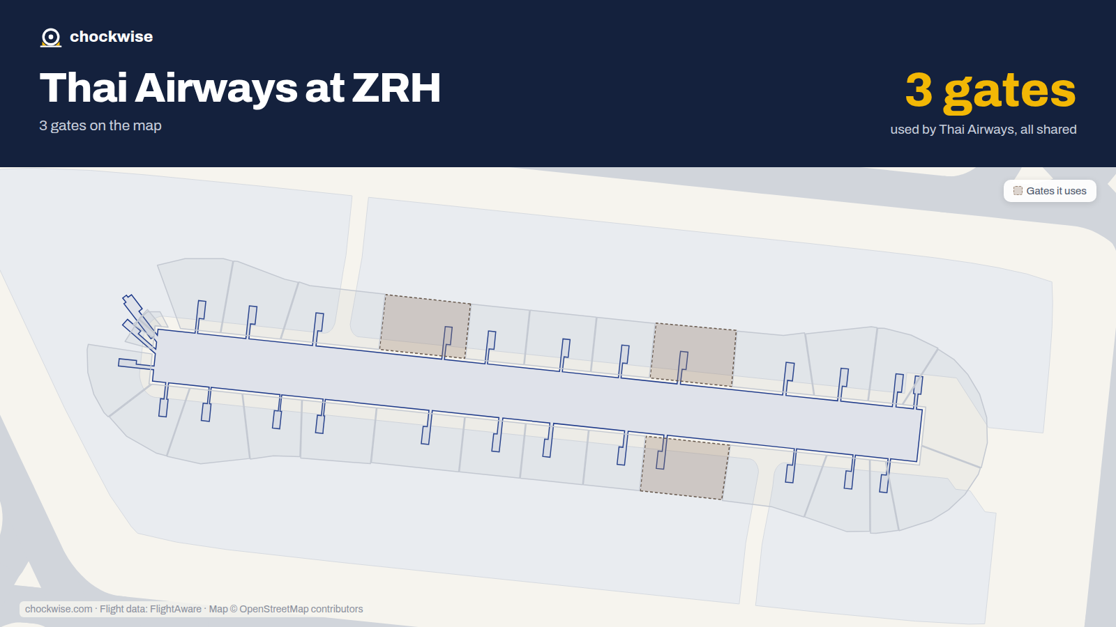 Map of ZRH with the gates Thai Airways uses highlighted: E34, E35 and E47.
