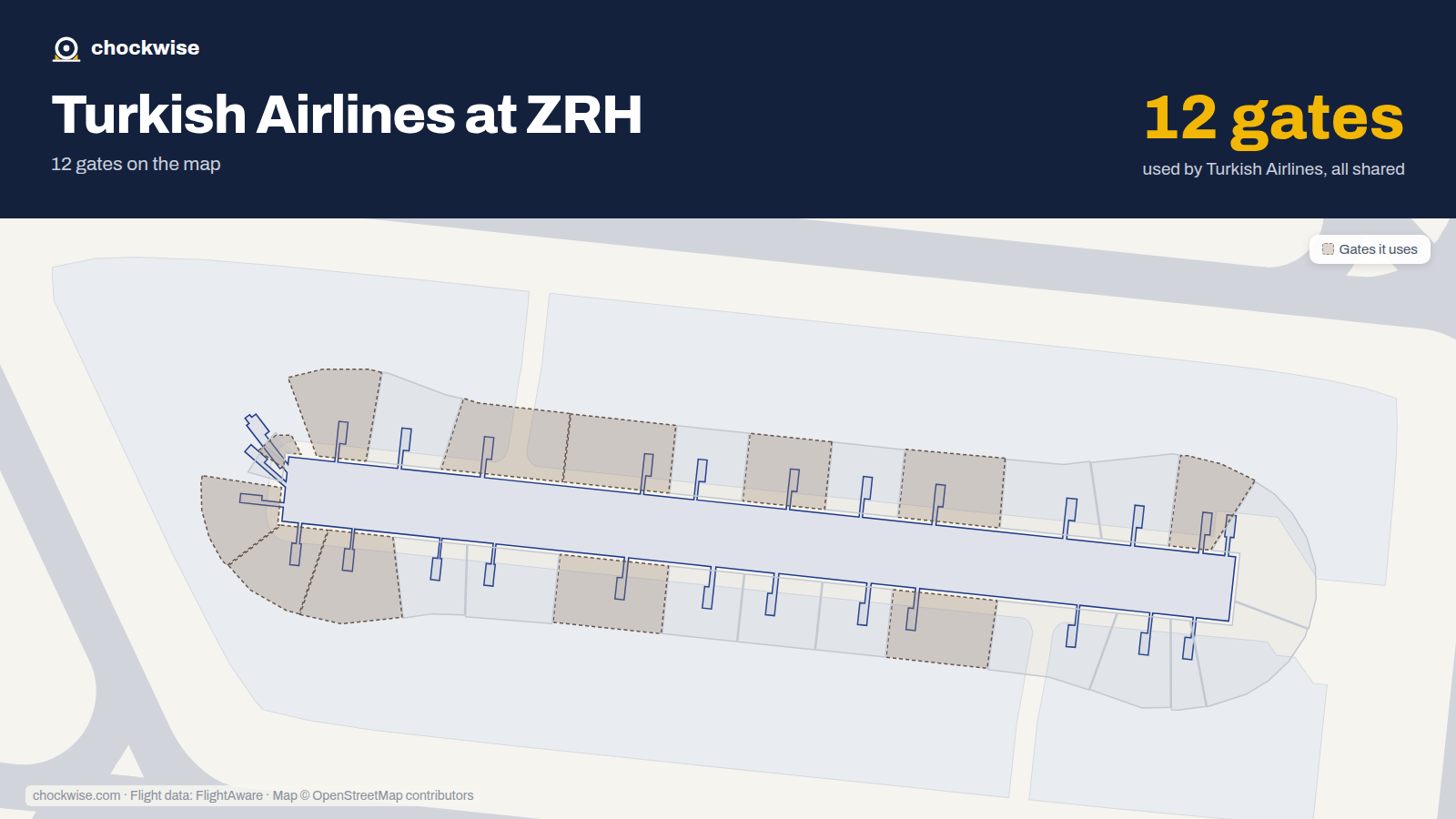 Map of ZRH with the gates Turkish Airlines uses highlighted: E23, E34, E35, E43, E46, E47, E53, E56 and 4 more.