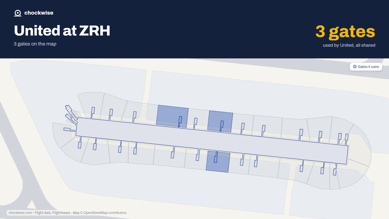Map of ZRH with the gates United Airlines uses highlighted: E42, E43 and E47.