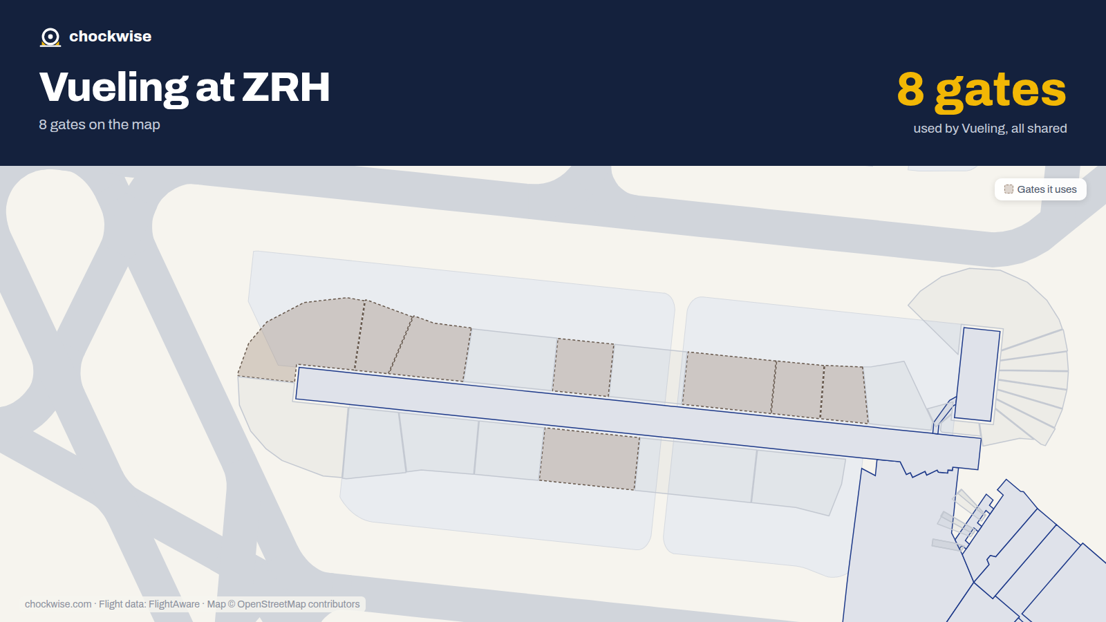 Map of ZRH with the gates Vueling uses highlighted: A63, A64, A66, A72, A73, A82, A83 and A85.